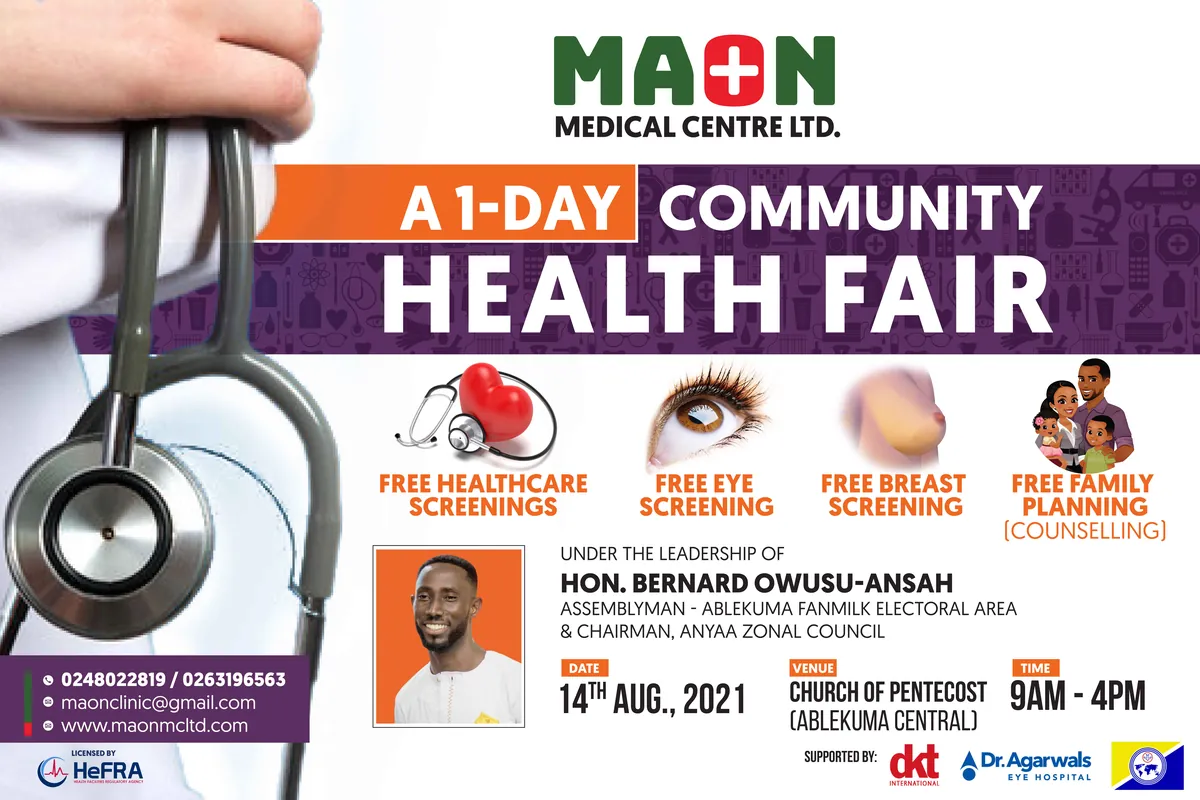 Flyer for MAON's free 1-day community health fair on 14 August 2021.