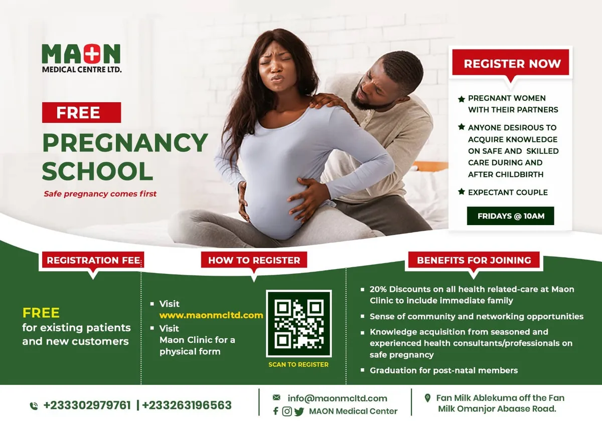 MAON Free Pregnancy School flyer: Fridays at 10am, free for existing patients and new clients.